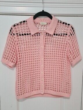 Spartina 449 Pale Pink Open-Knit Collared Button-Up Sweater